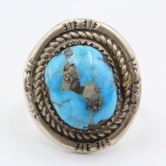 D WHITEGOAT MORENCI PYRITE TURQUOISE STERLING RING SZ 7 - Picture 2 of 10
